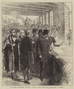 The Shah at Manchester, Inspecting a Piece of Calico Printed with Persian Words of Welcome by Sir John Charles Robinson